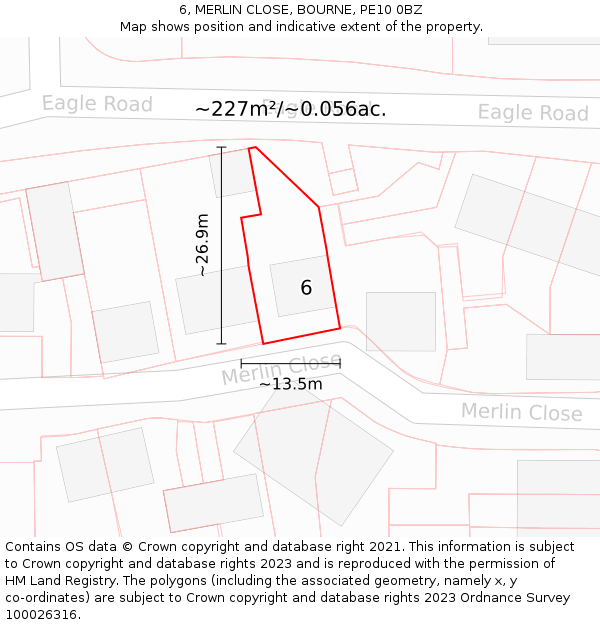 6, MERLIN CLOSE, BOURNE, PE10 0BZ: Plot and title map