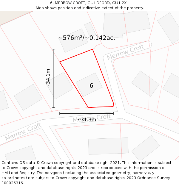 6, MERROW CROFT, GUILDFORD, GU1 2XH: Plot and title map