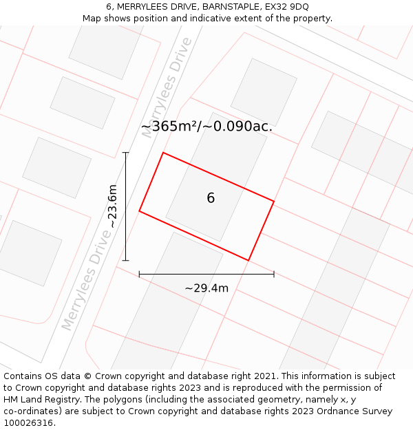 6, MERRYLEES DRIVE, BARNSTAPLE, EX32 9DQ: Plot and title map