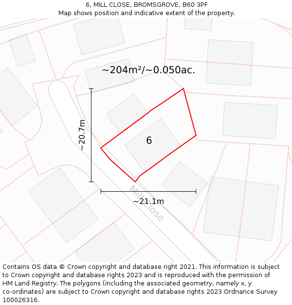 6, MILL CLOSE, BROMSGROVE, B60 3PF: Plot and title map