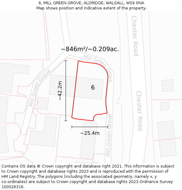 6, MILL GREEN GROVE, ALDRIDGE, WALSALL, WS9 0NA: Plot and title map