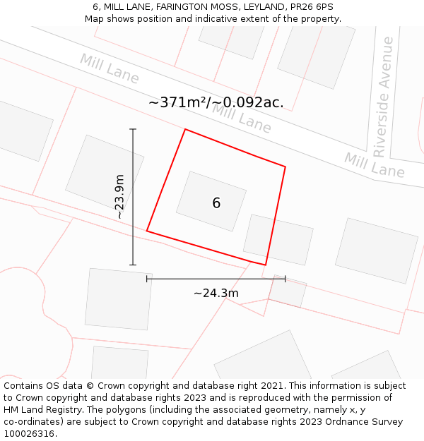 6, MILL LANE, FARINGTON MOSS, LEYLAND, PR26 6PS: Plot and title map