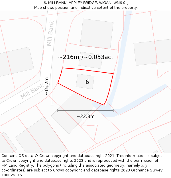 6, MILLBANK, APPLEY BRIDGE, WIGAN, WN6 9LJ: Plot and title map