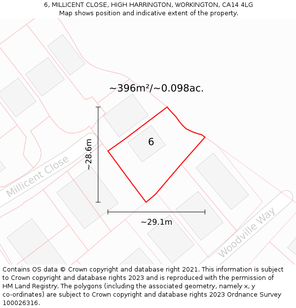 6, MILLICENT CLOSE, HIGH HARRINGTON, WORKINGTON, CA14 4LG: Plot and title map