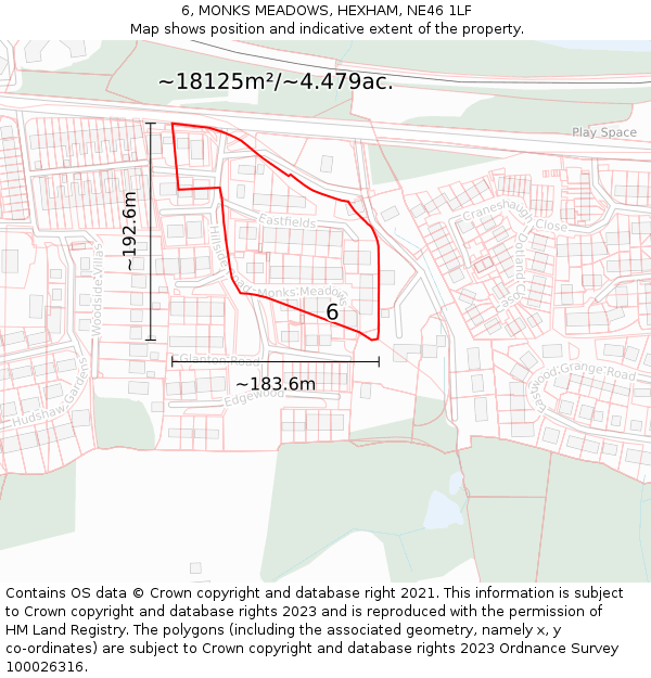 6, MONKS MEADOWS, HEXHAM, NE46 1LF: Plot and title map