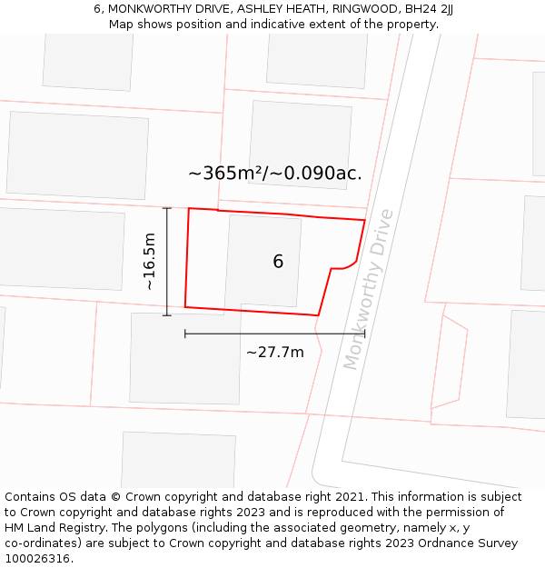 6, MONKWORTHY DRIVE, ASHLEY HEATH, RINGWOOD, BH24 2JJ: Plot and title map