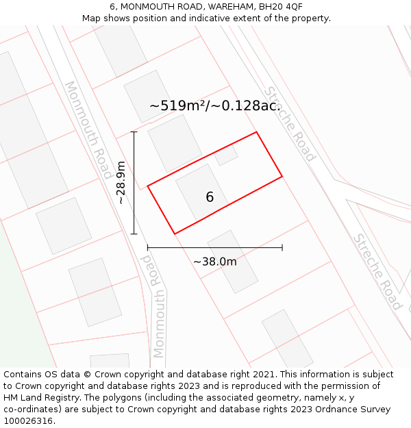 6, MONMOUTH ROAD, WAREHAM, BH20 4QF: Plot and title map