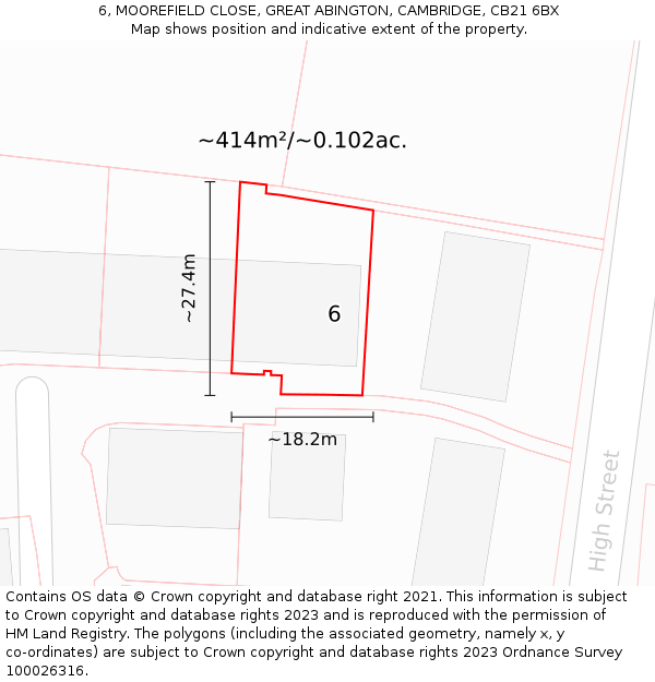 6, MOOREFIELD CLOSE, GREAT ABINGTON, CAMBRIDGE, CB21 6BX: Plot and title map