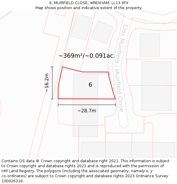 6, MUIRFIELD CLOSE, WREXHAM, LL13 9FX: Plot and title map