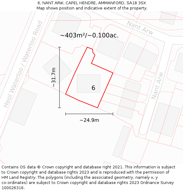 6, NANT ARW, CAPEL HENDRE, AMMANFORD, SA18 3SX: Plot and title map