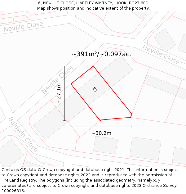 6, NEVILLE CLOSE, HARTLEY WINTNEY, HOOK, RG27 8FD: Plot and title map