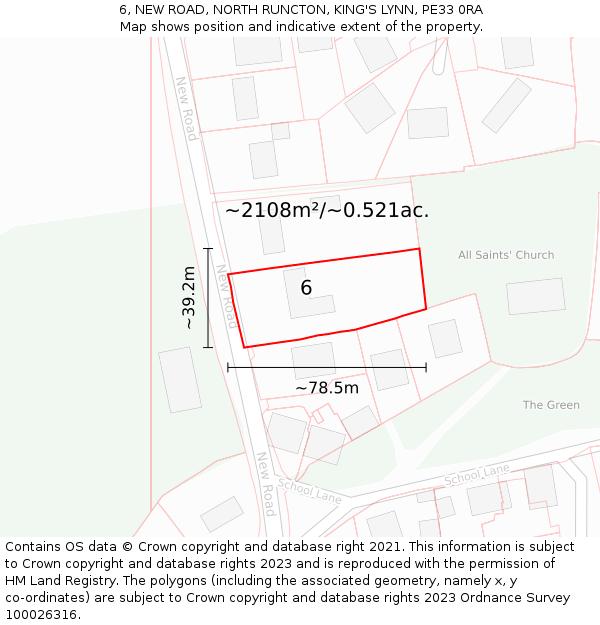 6, NEW ROAD, NORTH RUNCTON, KING'S LYNN, PE33 0RA: Plot and title map