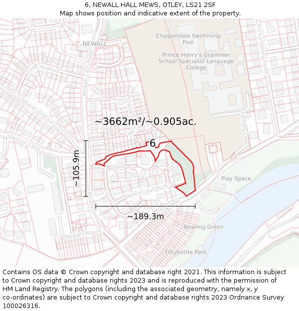 6, NEWALL HALL MEWS, OTLEY, LS21 2SF: Plot and title map