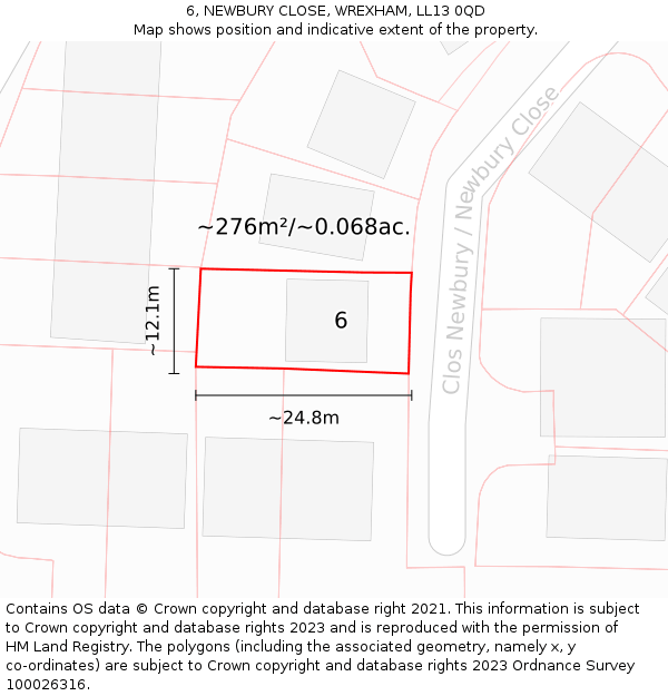 6, NEWBURY CLOSE, WREXHAM, LL13 0QD: Plot and title map