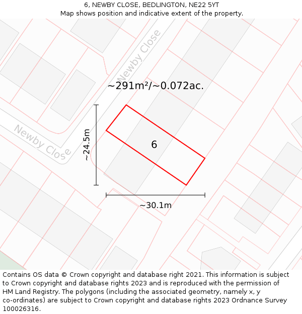 6, NEWBY CLOSE, BEDLINGTON, NE22 5YT: Plot and title map