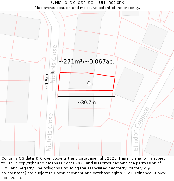 6, NICHOLS CLOSE, SOLIHULL, B92 0PX: Plot and title map