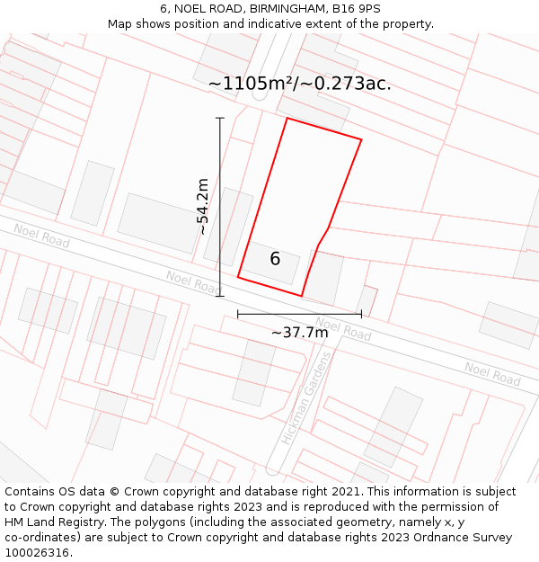 6, NOEL ROAD, BIRMINGHAM, B16 9PS: Plot and title map