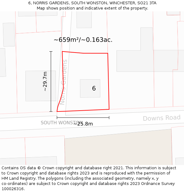 6, NORRIS GARDENS, SOUTH WONSTON, WINCHESTER, SO21 3TA: Plot and title map