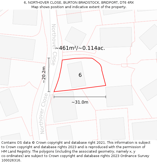 6, NORTHOVER CLOSE, BURTON BRADSTOCK, BRIDPORT, DT6 4RX: Plot and title map