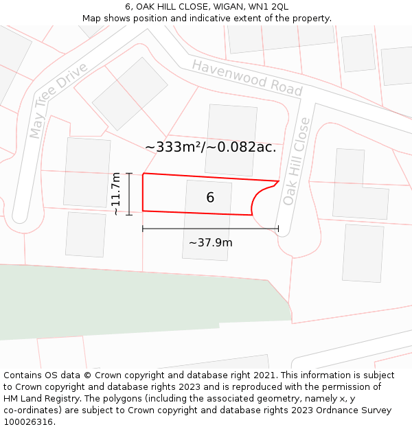 6, OAK HILL CLOSE, WIGAN, WN1 2QL: Plot and title map