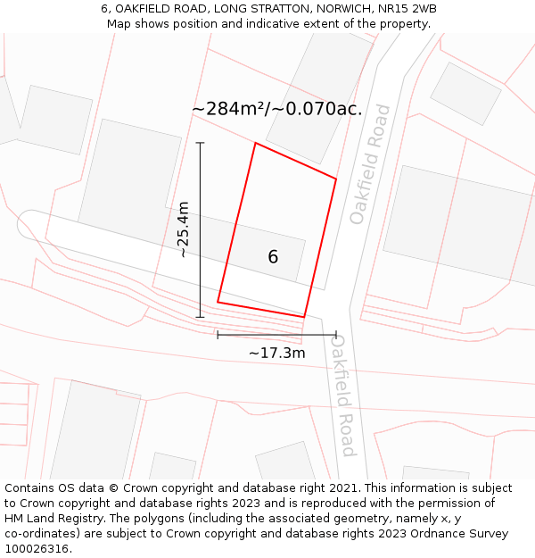 6, OAKFIELD ROAD, LONG STRATTON, NORWICH, NR15 2WB: Plot and title map