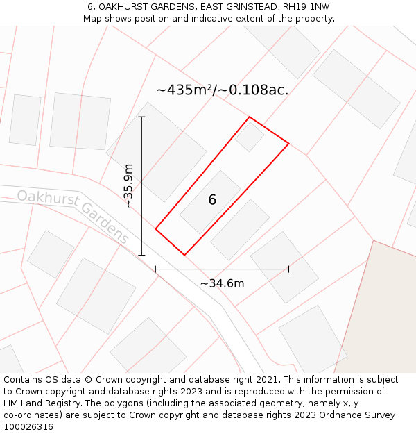 6, OAKHURST GARDENS, EAST GRINSTEAD, RH19 1NW: Plot and title map