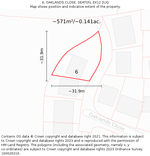 6, OAKLANDS CLOSE, SEATON, EX12 2UQ: Plot and title map