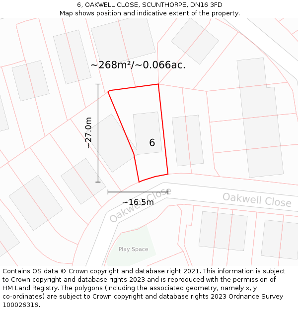 6, OAKWELL CLOSE, SCUNTHORPE, DN16 3FD: Plot and title map
