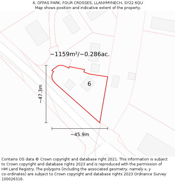 6, OFFAS PARK, FOUR CROSSES, LLANYMYNECH, SY22 6QU: Plot and title map