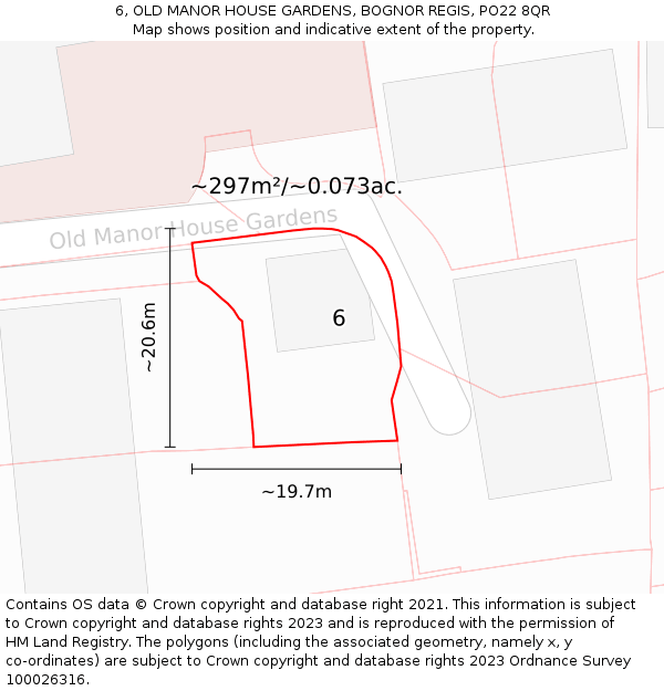 6, OLD MANOR HOUSE GARDENS, BOGNOR REGIS, PO22 8QR: Plot and title map