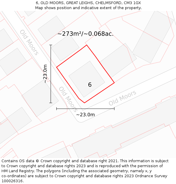 6, OLD MOORS, GREAT LEIGHS, CHELMSFORD, CM3 1GX: Plot and title map