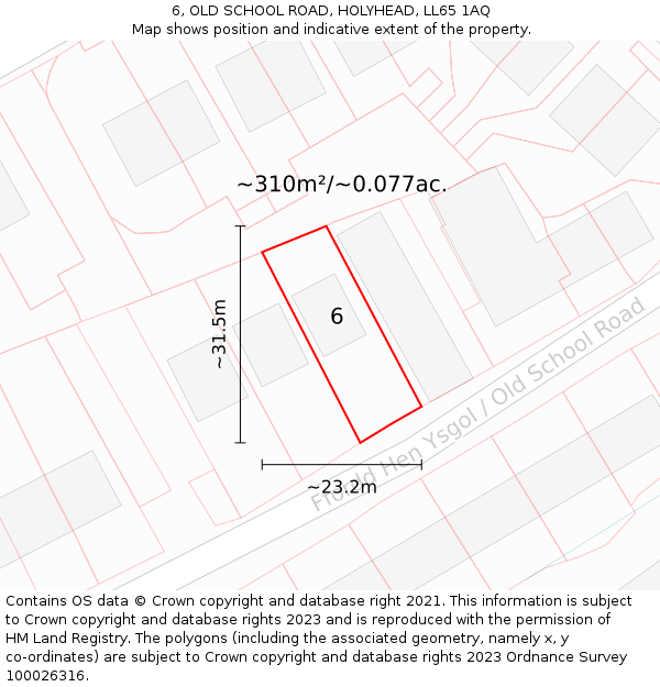 6, OLD SCHOOL ROAD, HOLYHEAD, LL65 1AQ: Plot and title map