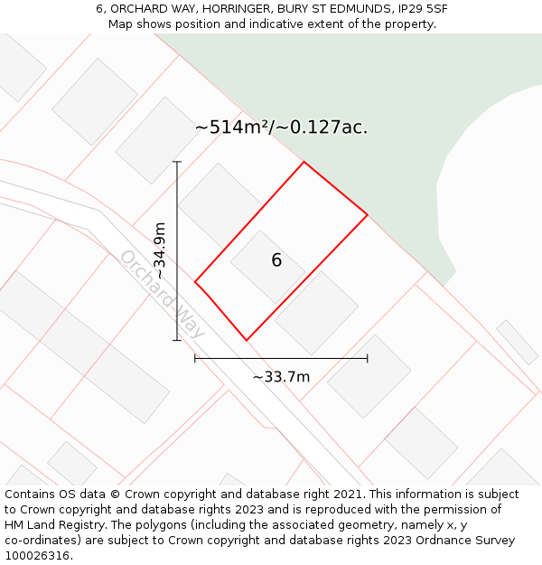 6, ORCHARD WAY, HORRINGER, BURY ST EDMUNDS, IP29 5SF: Plot and title map