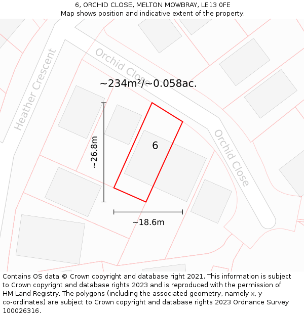 6, ORCHID CLOSE, MELTON MOWBRAY, LE13 0FE: Plot and title map