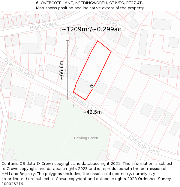 6, OVERCOTE LANE, NEEDINGWORTH, ST IVES, PE27 4TU: Plot and title map