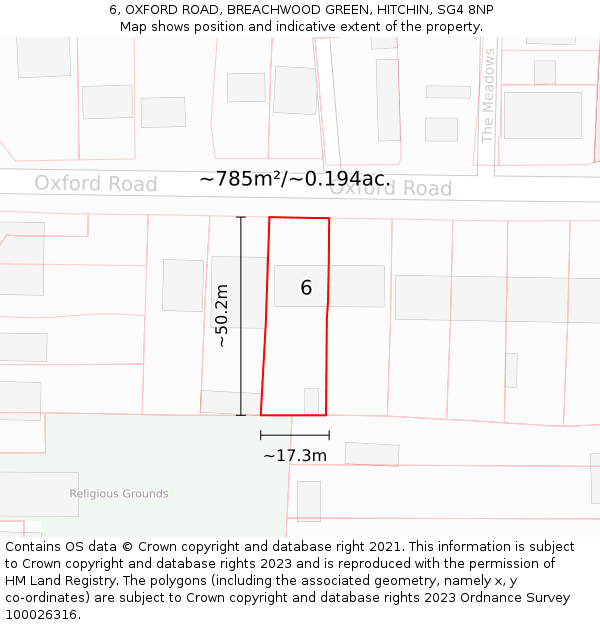 6, OXFORD ROAD, BREACHWOOD GREEN, HITCHIN, SG4 8NP: Plot and title map