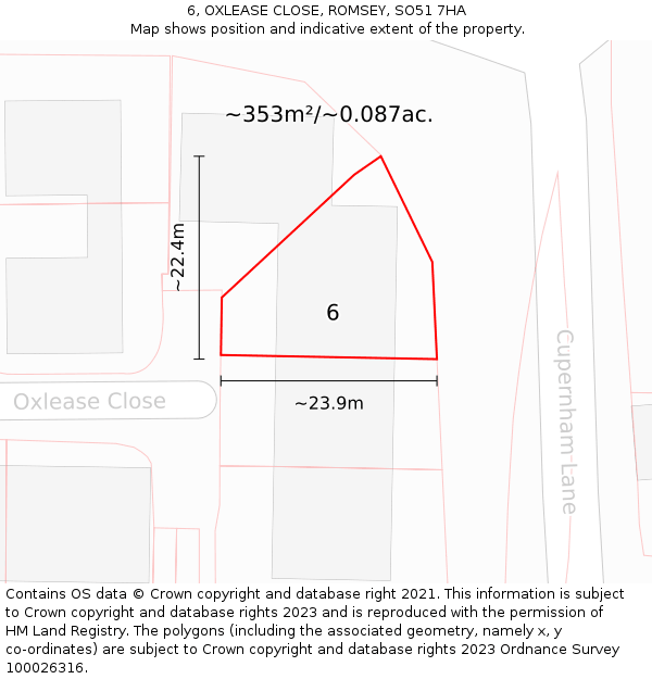 6, OXLEASE CLOSE, ROMSEY, SO51 7HA: Plot and title map