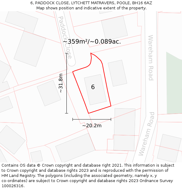 6, PADDOCK CLOSE, LYTCHETT MATRAVERS, POOLE, BH16 6AZ: Plot and title map