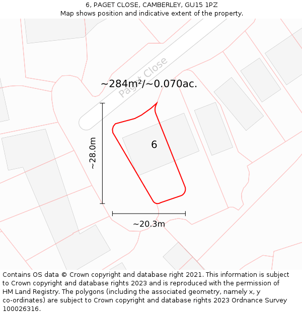 6, PAGET CLOSE, CAMBERLEY, GU15 1PZ: Plot and title map