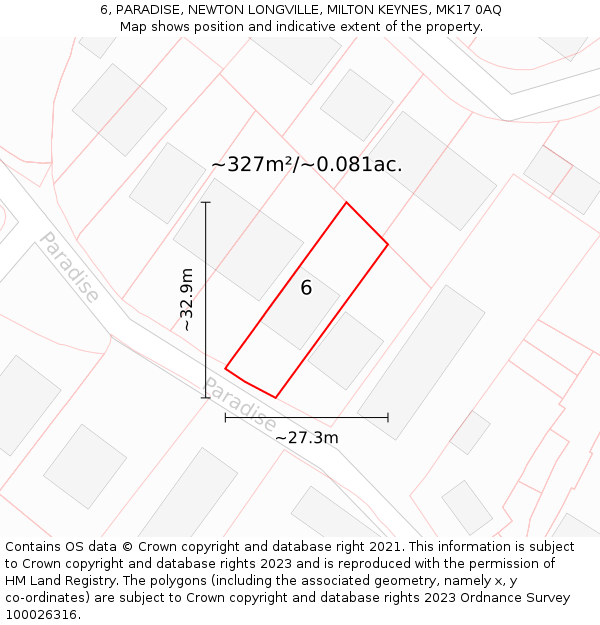 6, PARADISE, NEWTON LONGVILLE, MILTON KEYNES, MK17 0AQ: Plot and title map