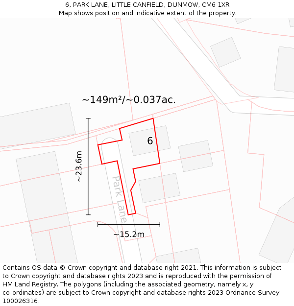 6, PARK LANE, LITTLE CANFIELD, DUNMOW, CM6 1XR: Plot and title map