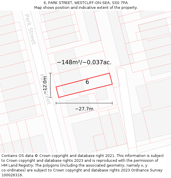 6, PARK STREET, WESTCLIFF-ON-SEA, SS0 7PA: Plot and title map