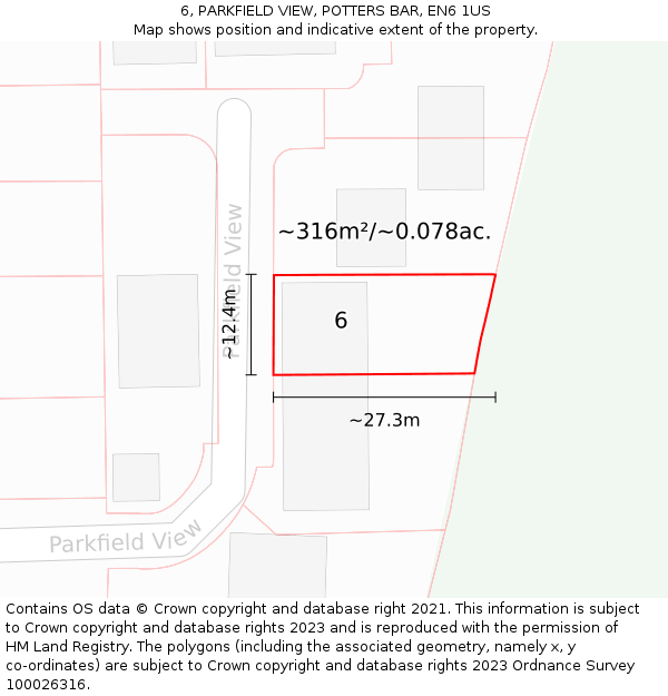 6, PARKFIELD VIEW, POTTERS BAR, EN6 1US: Plot and title map