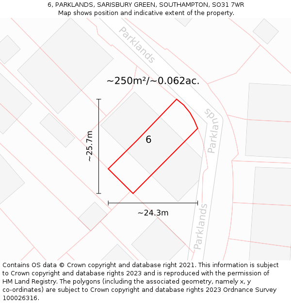 6, PARKLANDS, SARISBURY GREEN, SOUTHAMPTON, SO31 7WR: Plot and title map