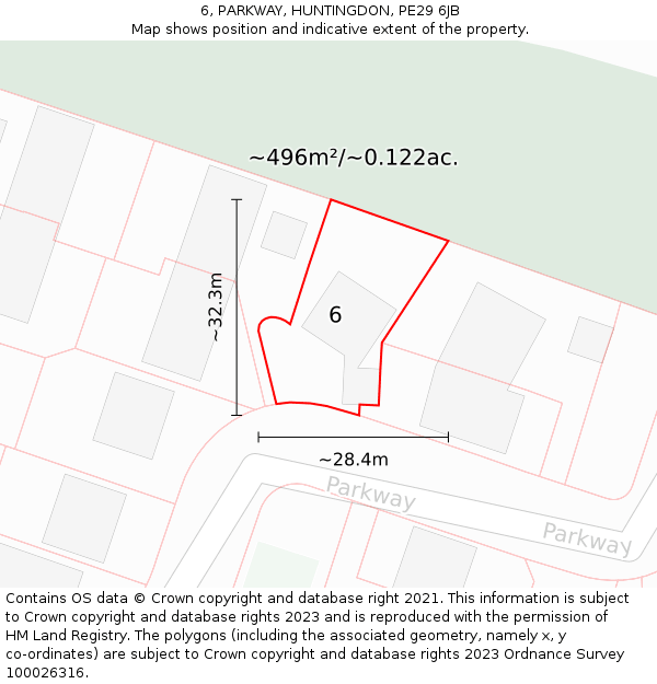 6, PARKWAY, HUNTINGDON, PE29 6JB: Plot and title map