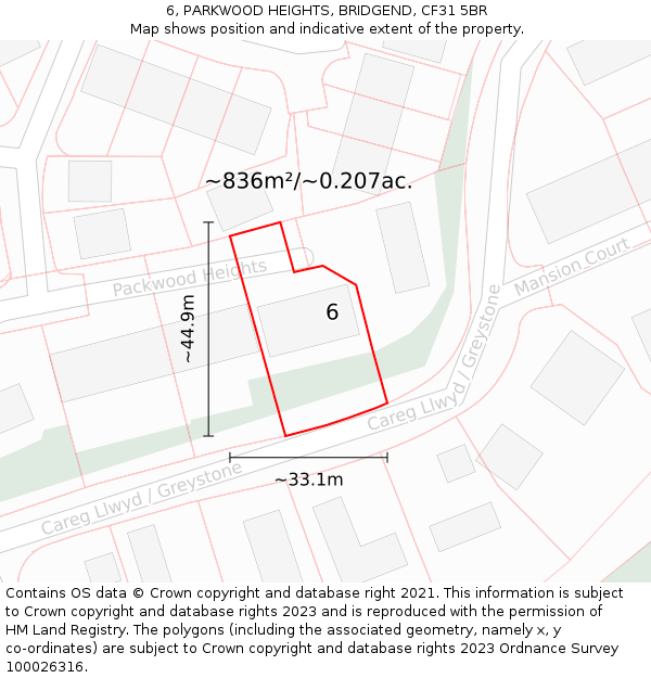 6, PARKWOOD HEIGHTS, BRIDGEND, CF31 5BR: Plot and title map