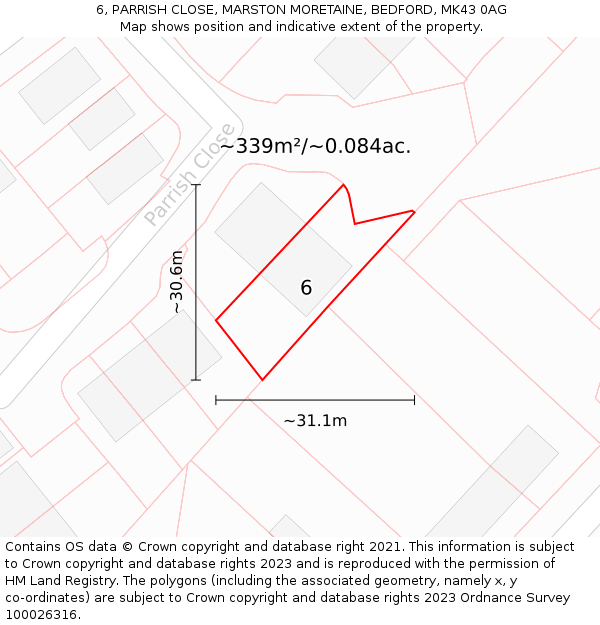 6, PARRISH CLOSE, MARSTON MORETAINE, BEDFORD, MK43 0AG: Plot and title map