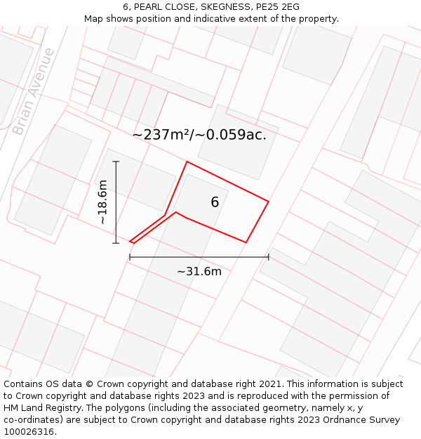 6, PEARL CLOSE, SKEGNESS, PE25 2EG: Plot and title map