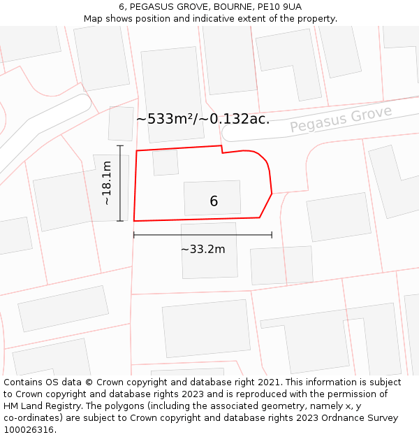 6, PEGASUS GROVE, BOURNE, PE10 9UA: Plot and title map