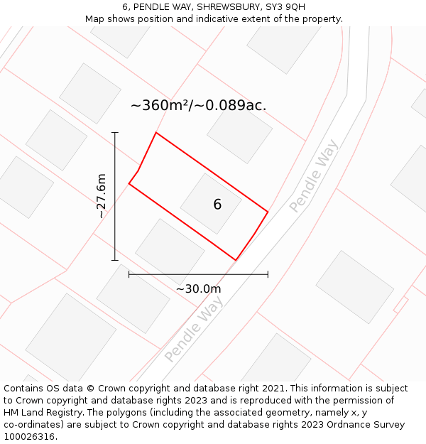 6, PENDLE WAY, SHREWSBURY, SY3 9QH: Plot and title map